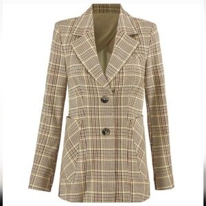 Cabi Pasttime Glen Plaid Blazer Notched Collar Two Button Jacket Long